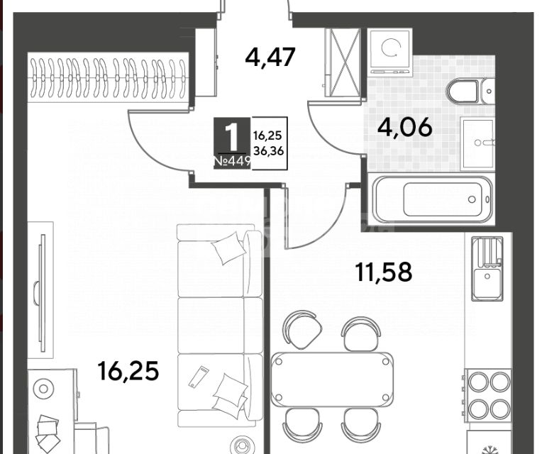 Продаётся 1-комнатная квартира, 36.36 м²