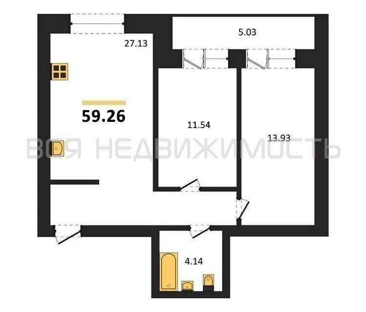 Продаётся 2-комнатная квартира, 56.7 м²