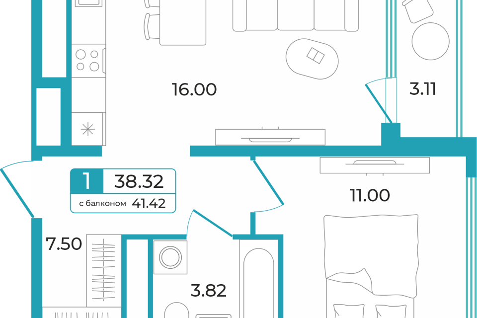 Продаётся 1-комнатная квартира, 41 м²