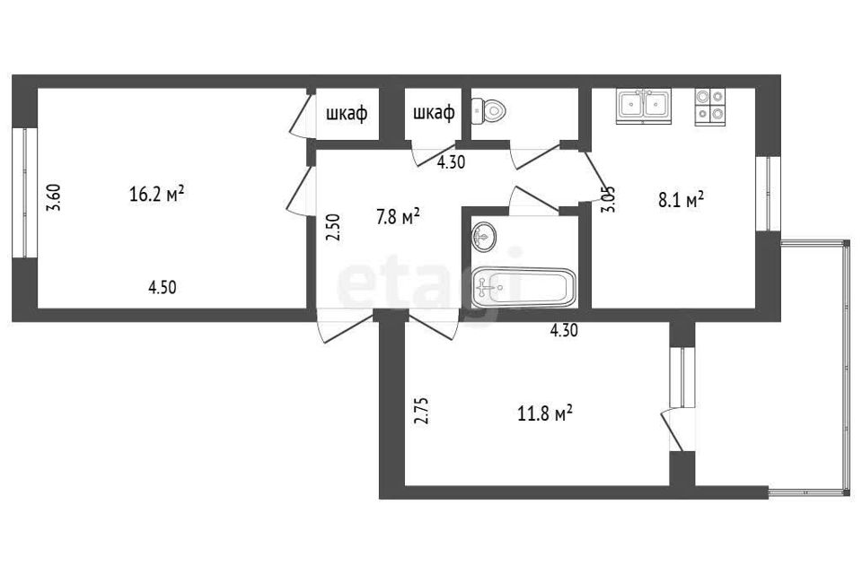 Продаётся 2-комнатная квартира, 52 м²