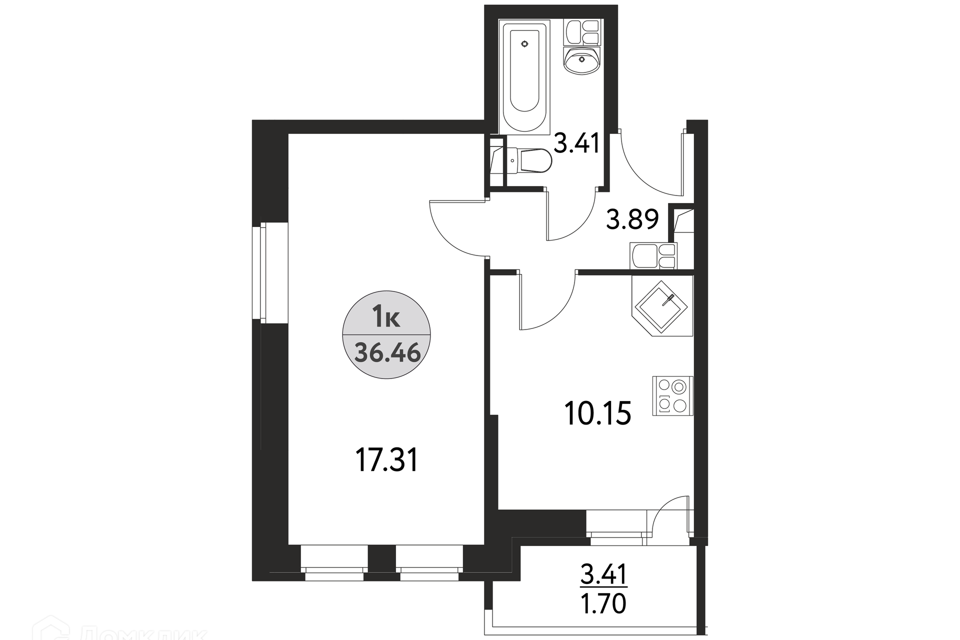 Продаётся 1-комнатная квартира, 36.46 м²