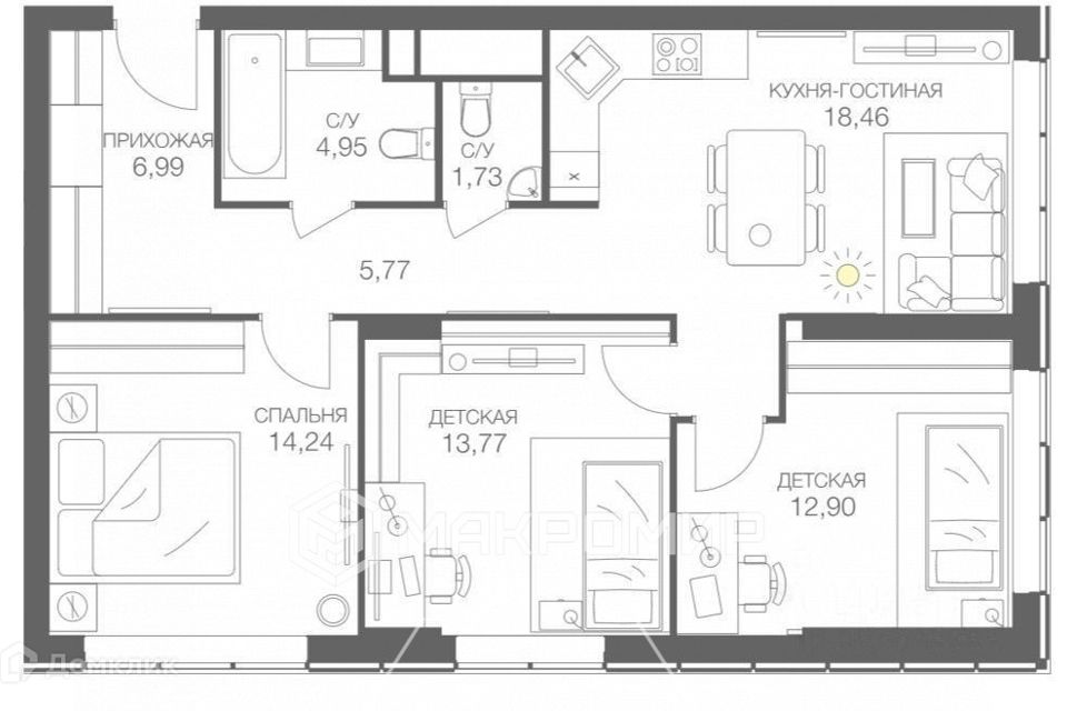 Продаётся 4-комнатная квартира, 83 м²