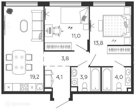 Продаётся 2-комнатная квартира, 59.8 м²