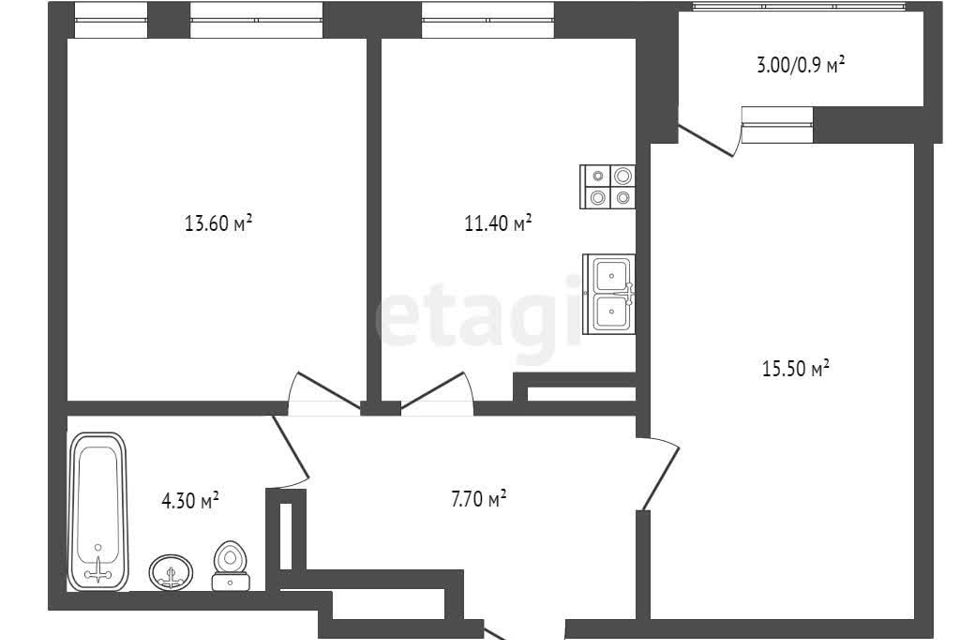 Продаётся 2-комнатная квартира, 53.7 м²