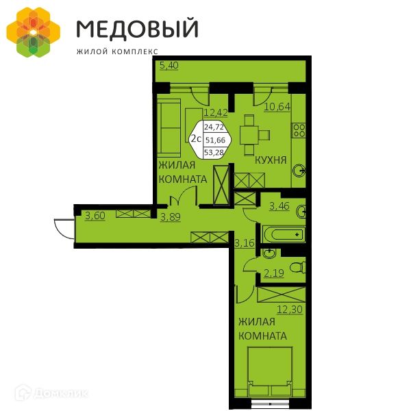 Продаётся 2-комнатная квартира, 51.7 м²