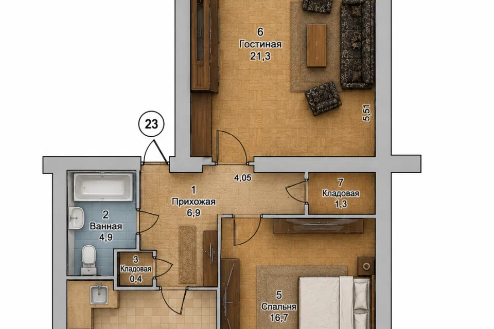 Продаётся 2-комнатная квартира, 60.8 м²