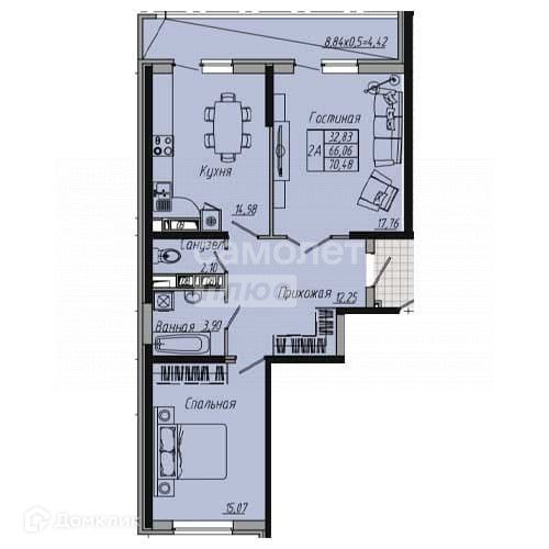 Продаётся 2-комнатная квартира, 70.48 м²