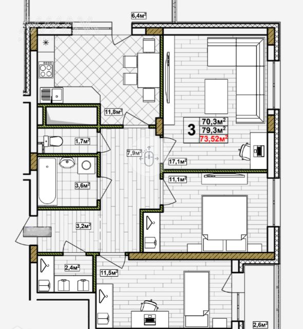 Продаётся 3-комнатная квартира, 79 м²
