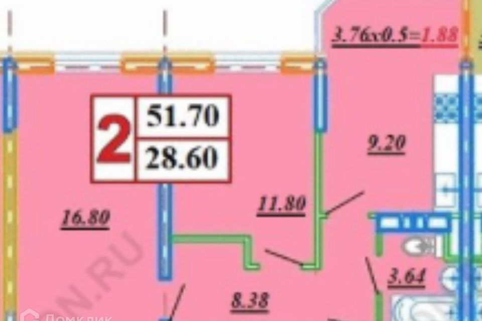 Продаётся 2-комнатная квартира, 52 м²