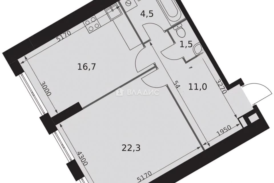 Продаётся 1-комнатная квартира, 56 м²