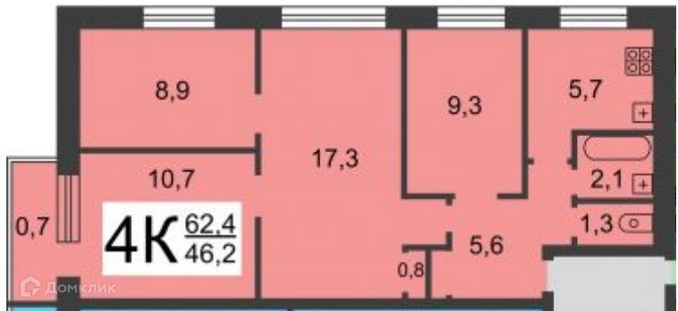 Продаётся 4-комнатная квартира, 61.7 м²