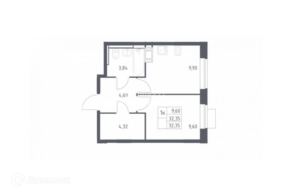 Продаётся 1-комнатная квартира, 32.35 м²