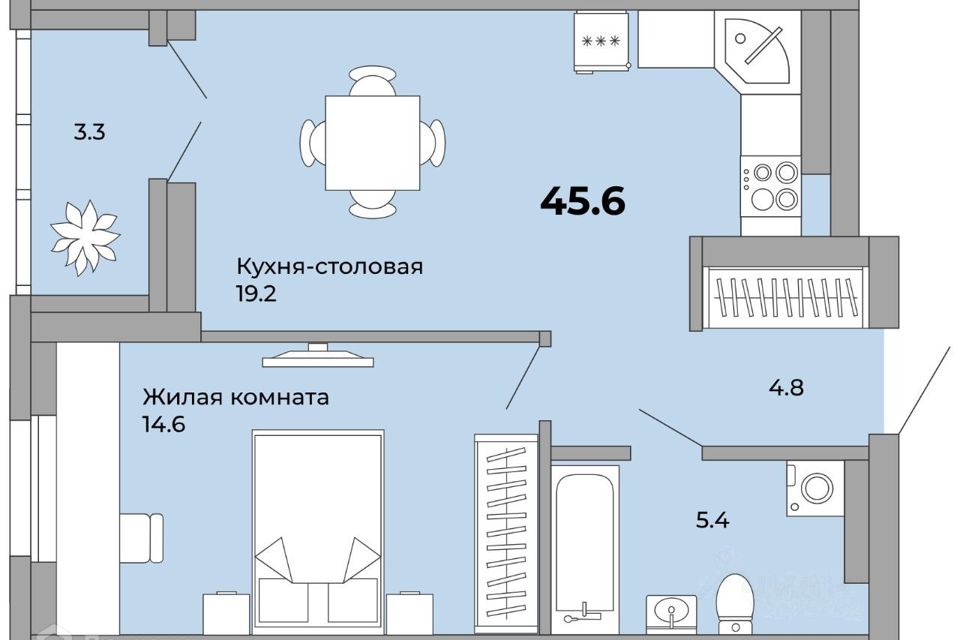 Продаётся 1-комнатная квартира, 45.6 м²