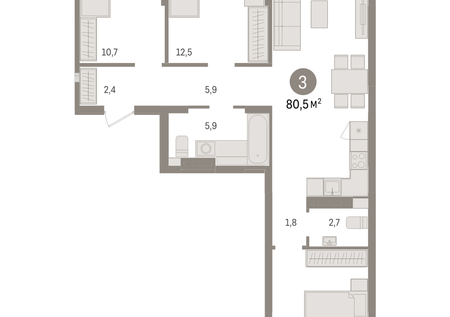 Купить 2-комнатную квартиру, 74.9 м² по адресу Тюмень, улица Молодогвардейцев, 5