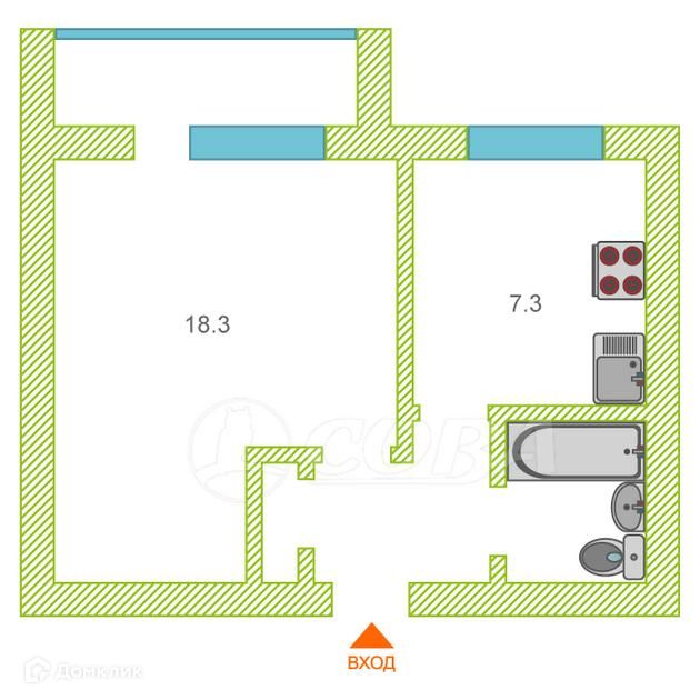 Продаётся 1-комнатная квартира, 32.9 м²