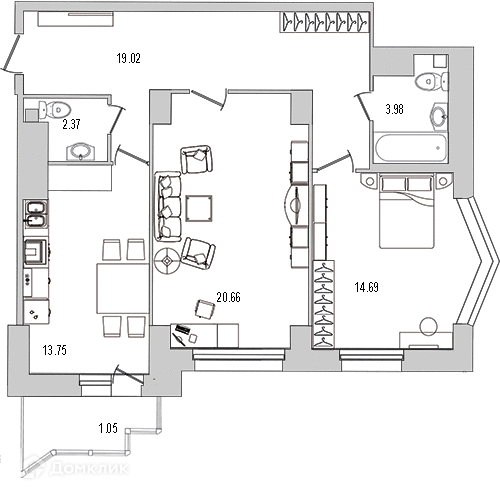 Продаётся 2-комнатная квартира, 77 м²