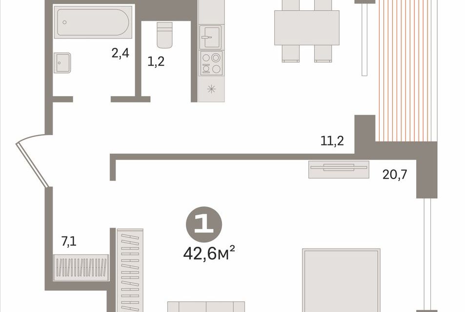 Продаётся 1-комнатная квартира, 42.6 м²