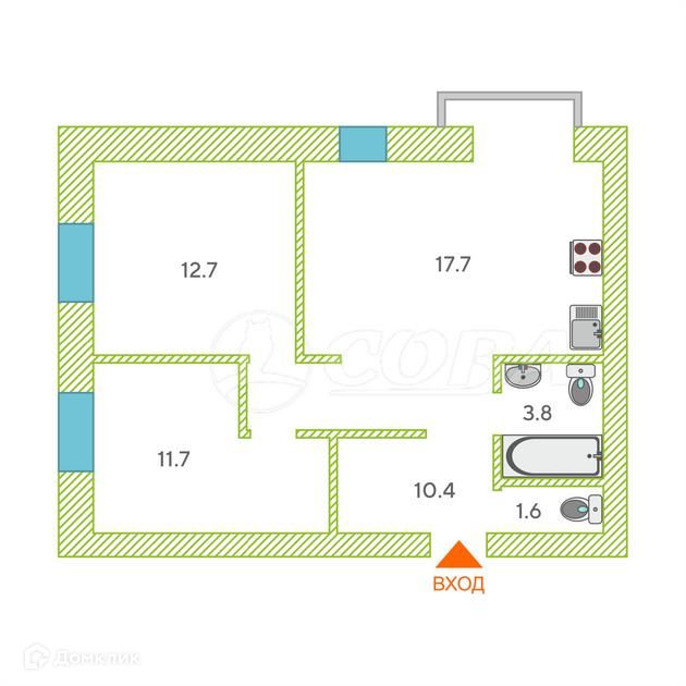 Продаётся 2-комнатная квартира, 58 м²