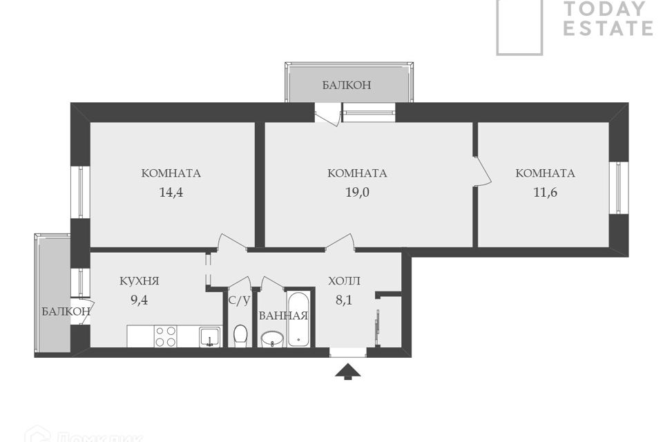 Продаётся 3-комнатная квартира, 65.3 м²