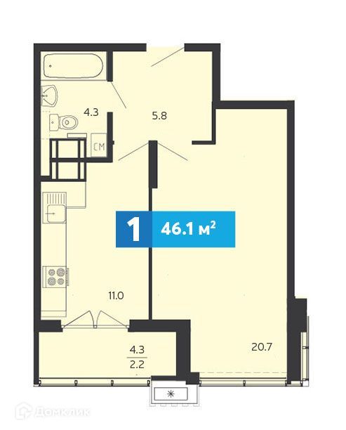 Продаётся 1-комнатная квартира, 46.1 м²