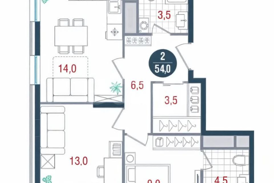 Продаётся 2-комнатная квартира, 54 м²