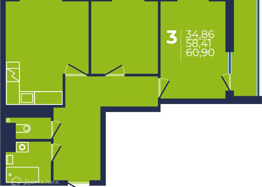 Продаётся 3-комнатная квартира, 61 м²