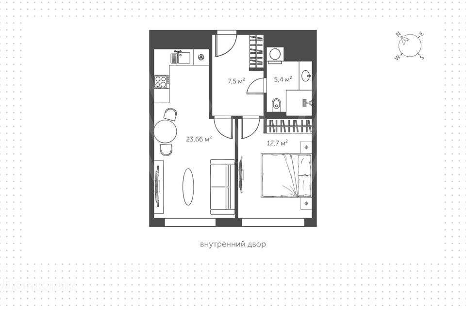 Продаётся 1-комнатная квартира, 45.4 м²