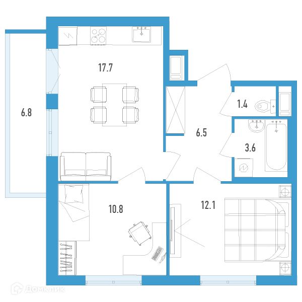 Продаётся 2-комнатная квартира, 54.1 м²