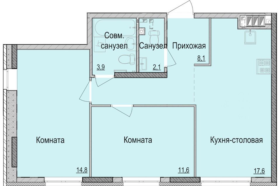 Продаётся 2-комнатная квартира, 58.1 м²