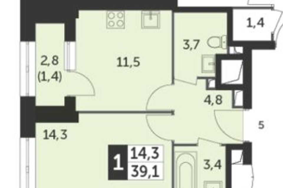 Продаётся 1-комнатная квартира, 39.1 м²