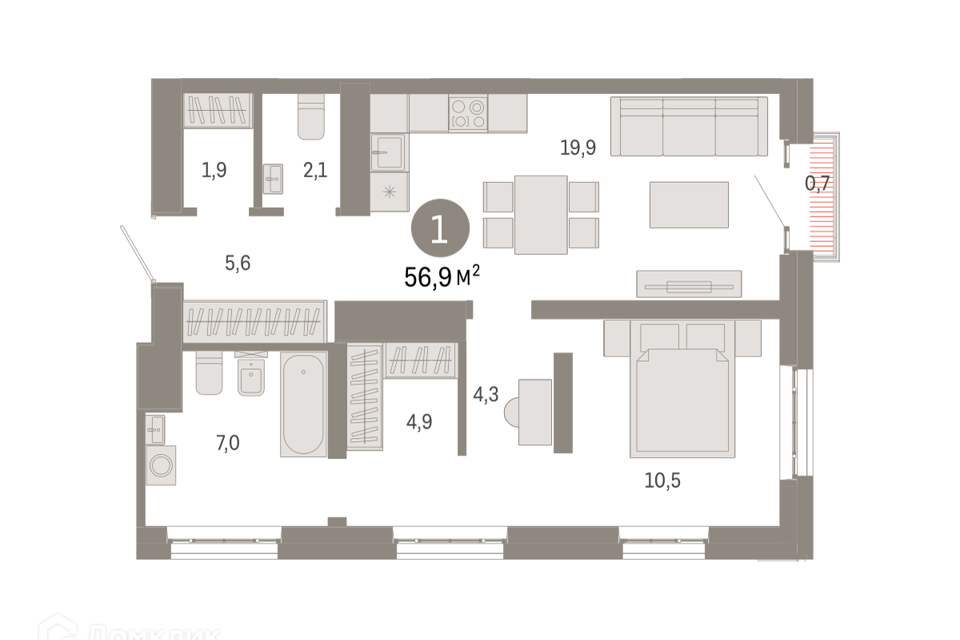 Продаётся 1-комнатная квартира, 56.9 м²