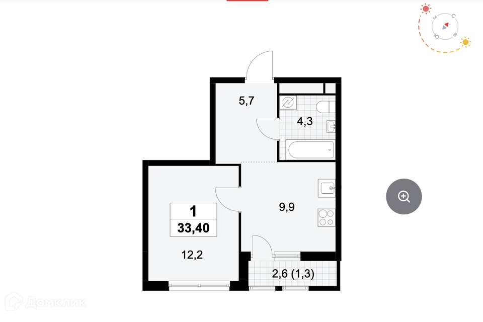 Продаётся 1-комнатная квартира, 33.4 м²