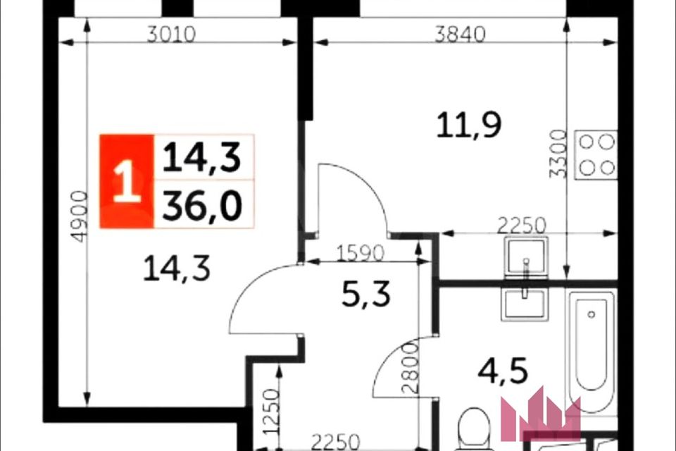 Продаётся 1-комнатная квартира, 36.2 м²