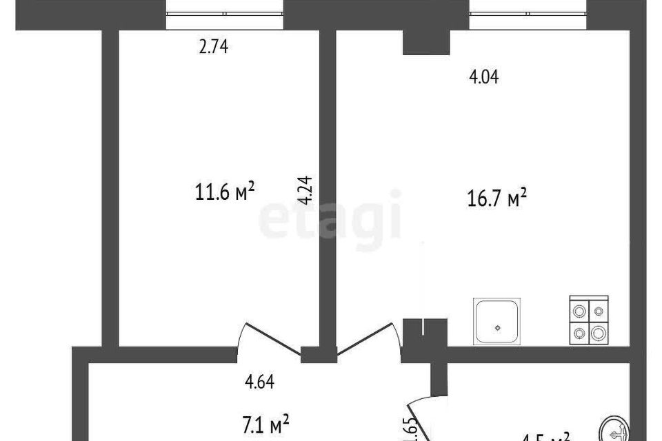 Продаётся 1-комнатная квартира, 40.2 м²