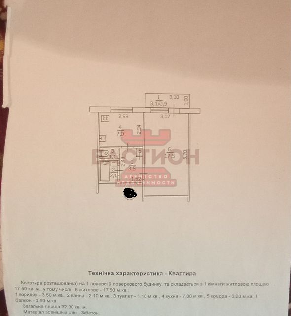 Продаётся 1-комнатная квартира, 32 м²
