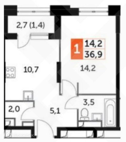 Продаётся 1-комнатная квартира, 37.9 м²