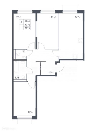 Продаётся 3-комнатная квартира, 72.79 м²