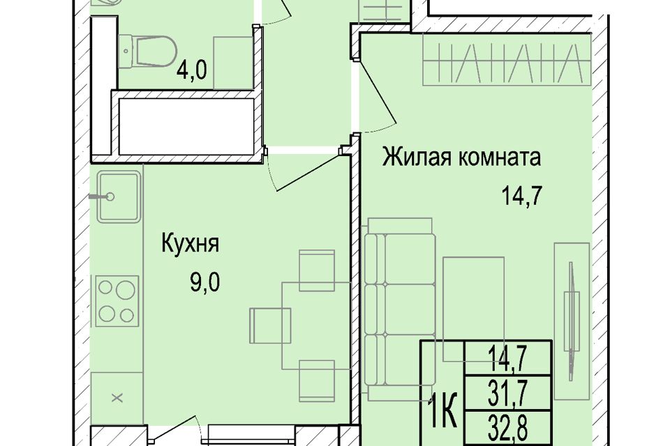 Продаётся 1-комнатная квартира, 32.9 м²