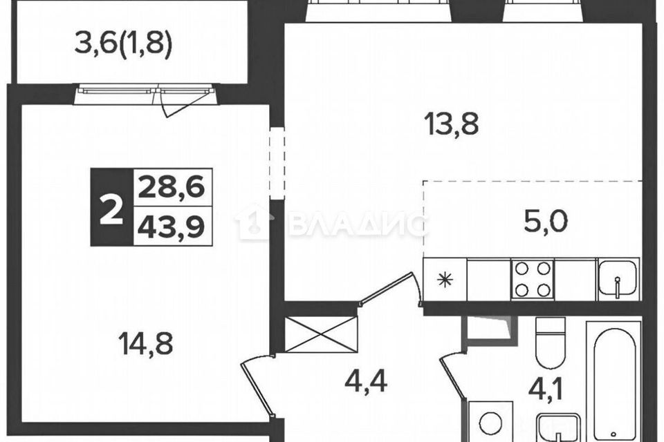 Продаётся 1-комнатная квартира, 43.9 м²