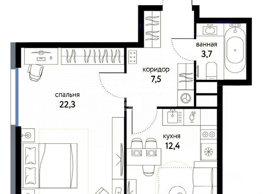 Продаётся 1-комнатная квартира, 45.9 м²