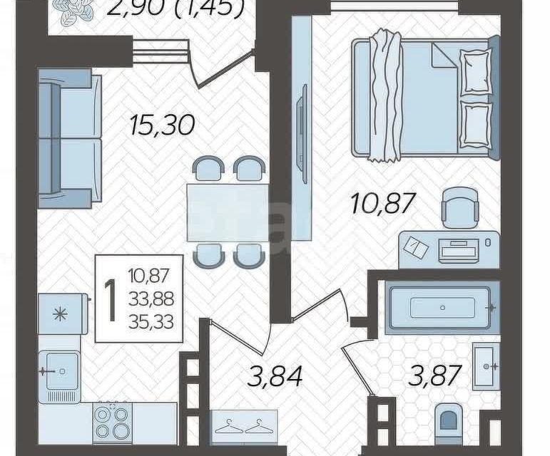 Продаётся 1-комнатная квартира, 35.1 м²