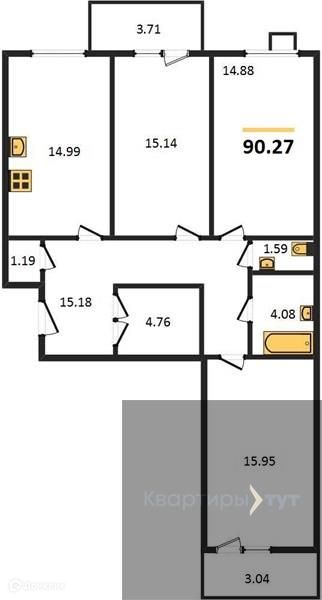 Продаётся 3-комнатная квартира, 90.27 м²