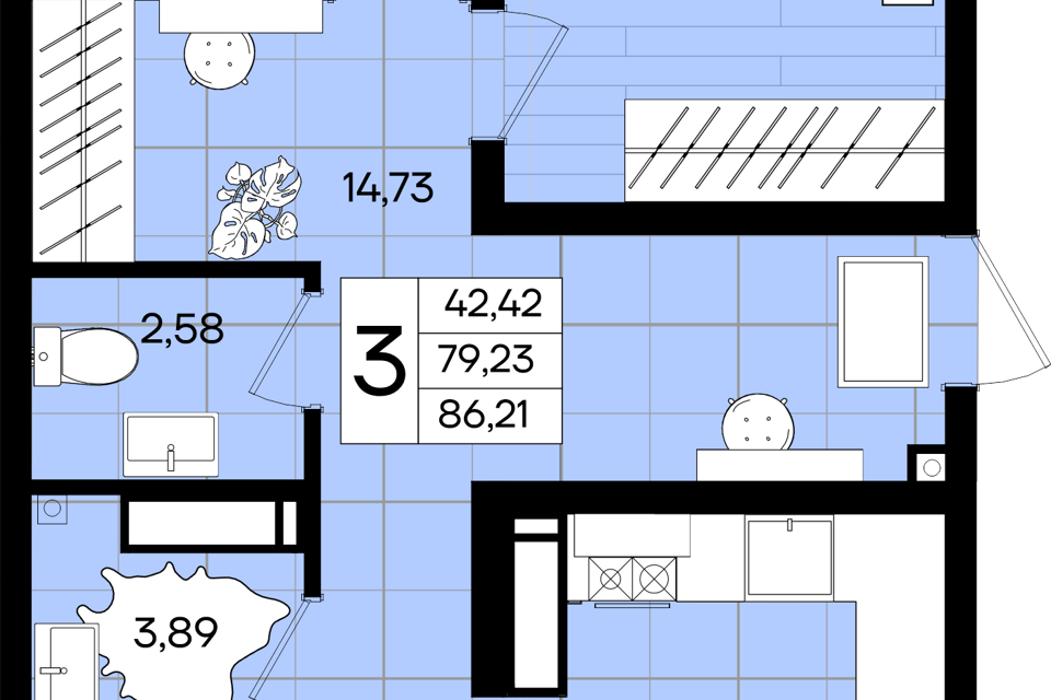 Продаётся 3-комнатная квартира, 86.21 м²