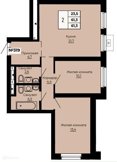 Продаётся 2-комнатная квартира, 61.3 м²
