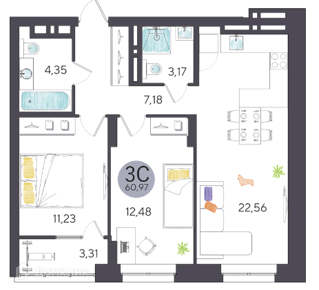 Продаётся 3-комнатная квартира, 60.67 м²
