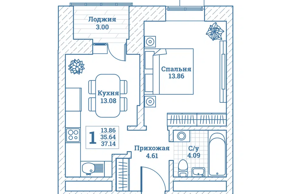 Продаётся 1-комнатная квартира, 37.4 м²