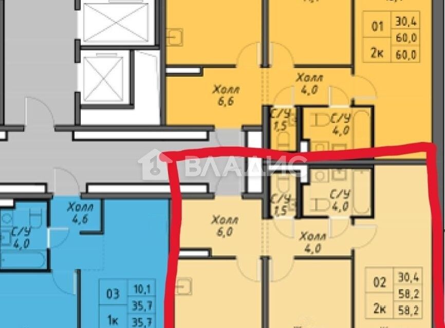 Продаётся 2-комнатная квартира, 57.5 м²