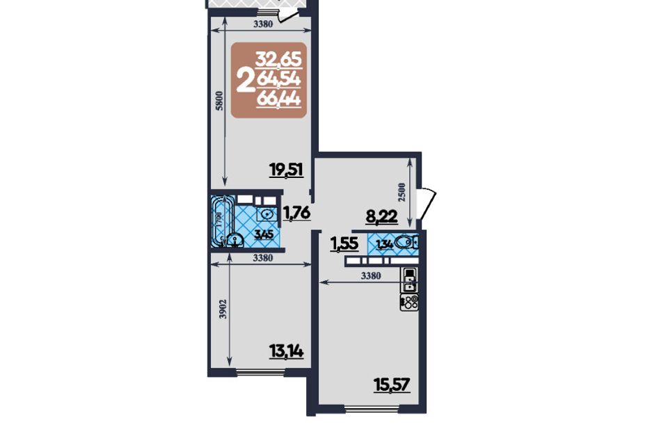 Продаётся 2-комнатная квартира, 66.44 м²