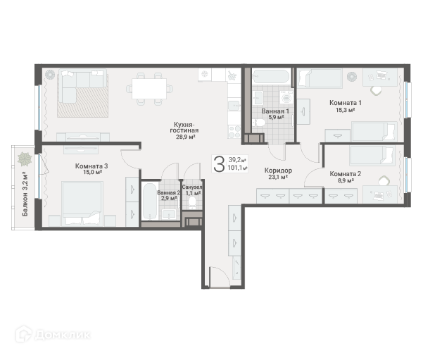 Продаётся 3-комнатная квартира, 101.1 м²