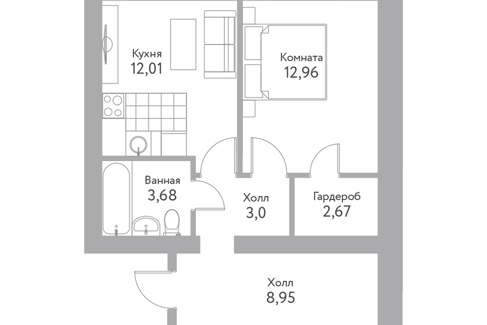 Продаётся 1-комнатная квартира, 43.4 м²